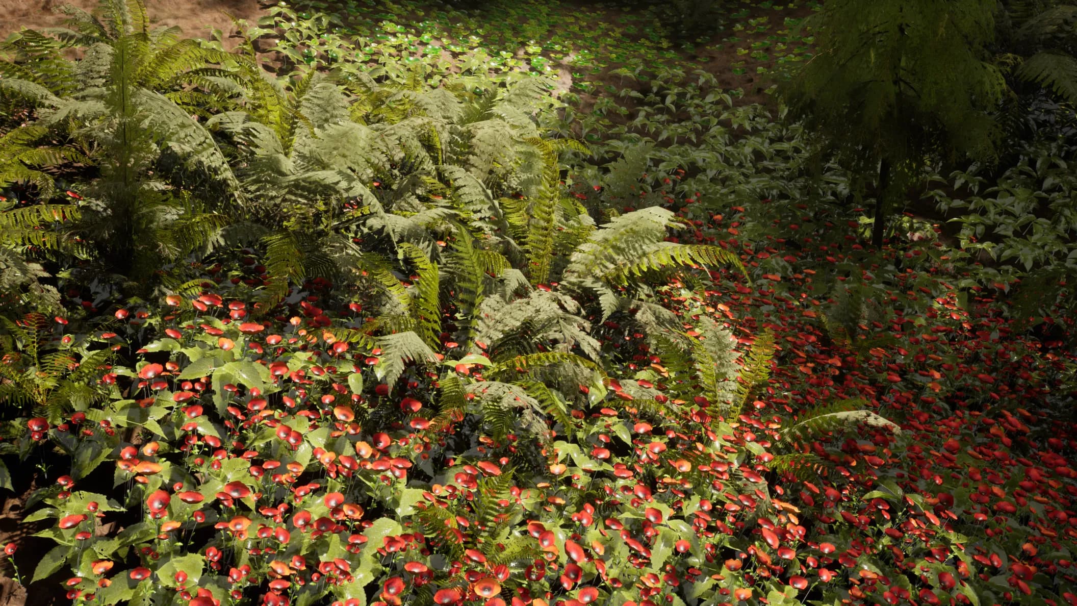 Lush forest ground cover with red wildflowers, ferns and scattered leaf litter