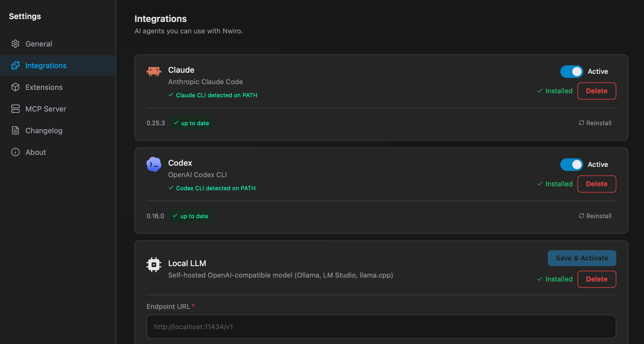 Nwiro AI plugin settings screen showing Claude CLI and Codex CLI integration options